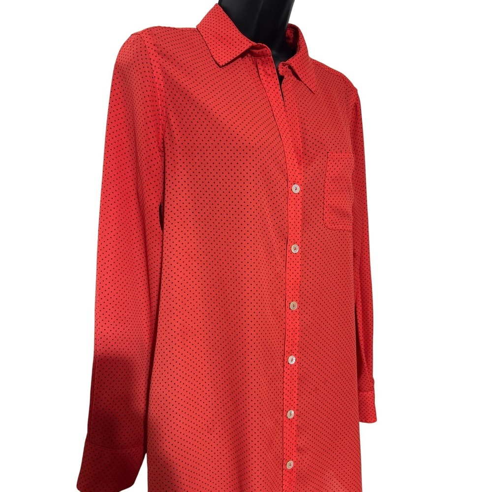 Foxcroft Womens Red Black Polka Dot Button Front Blouse Shirt Size 8 Long Sleeve
